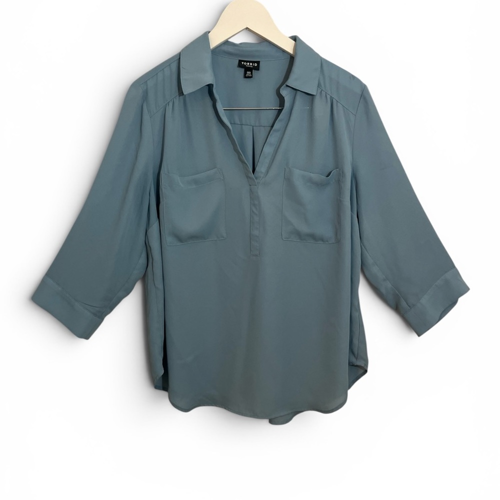torrid Slate Blue V-Neck Collared Blouse with Pockets